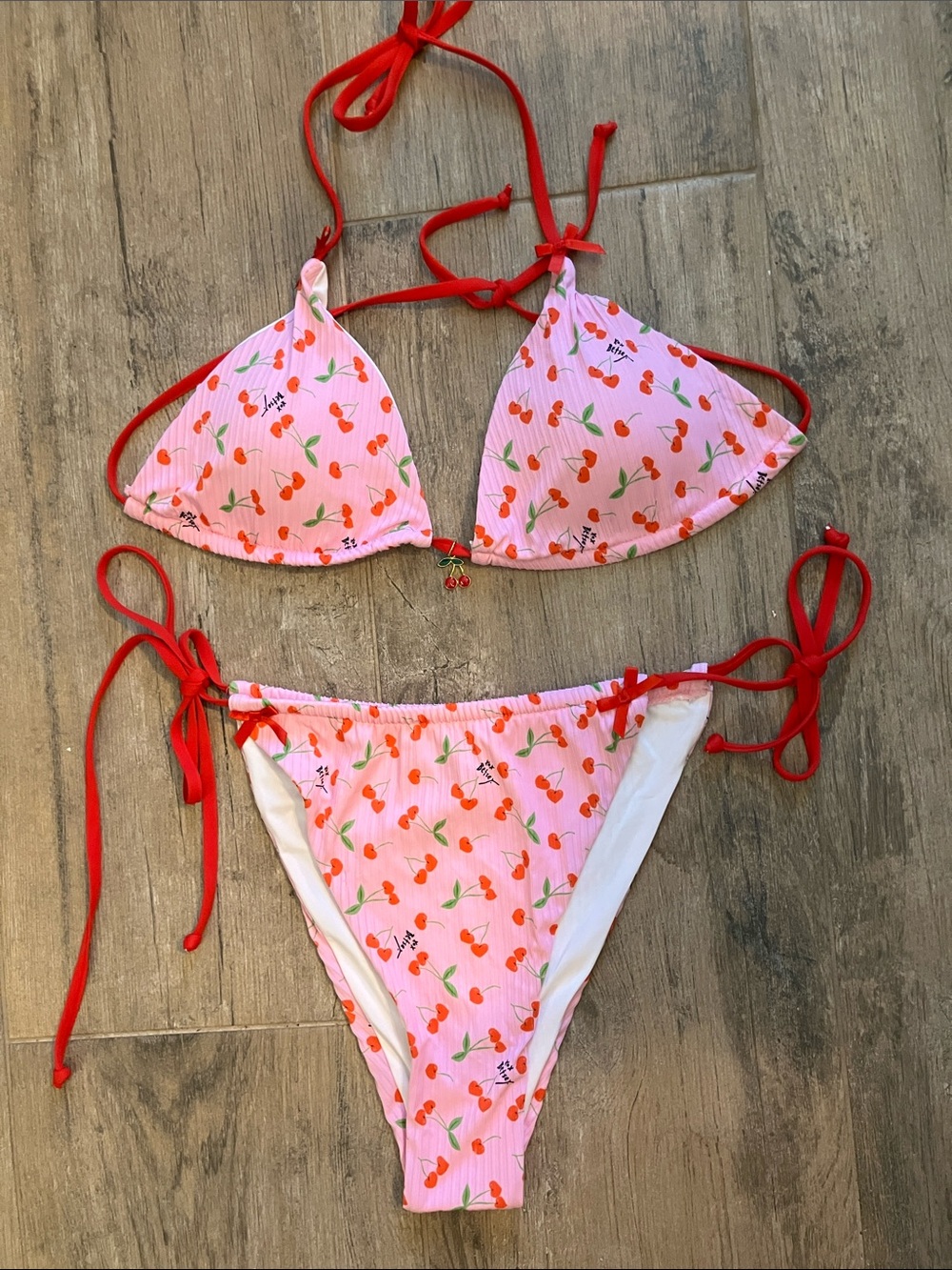 🍒Betsey Johnson bikini pink cherries high cut 2 pc swimsuit sz L NWOT